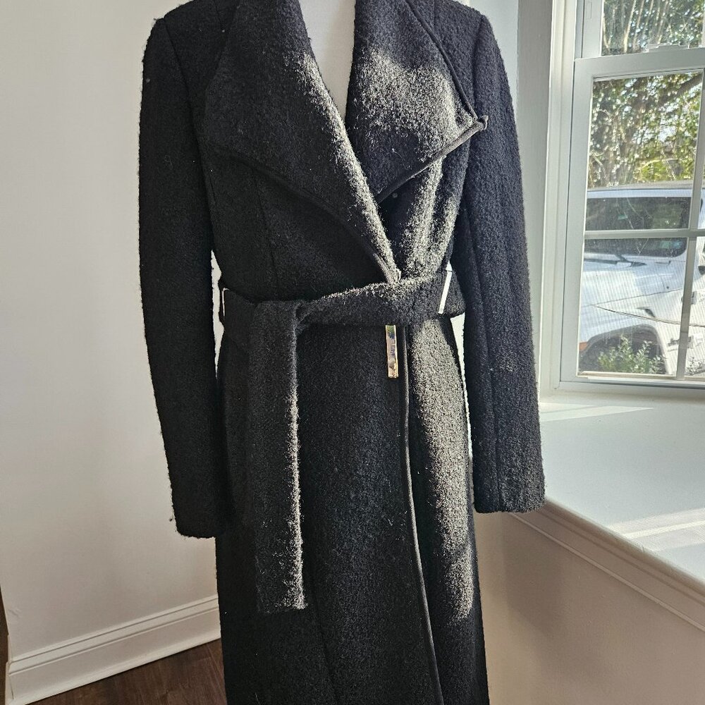 Calvin Klein, Plush Belted Wool Blend Coat, Black, Size 2